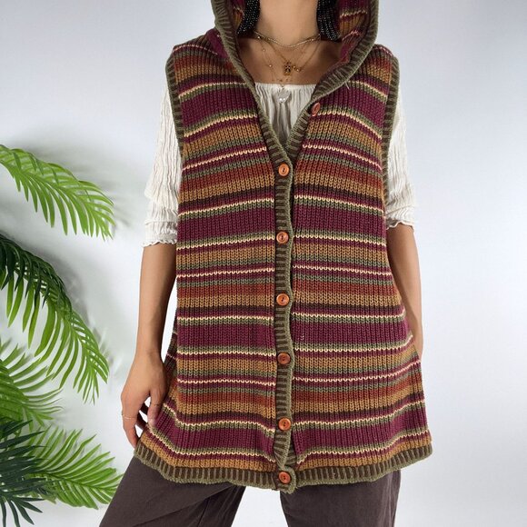 Vintage 90s Aeropostale Brown Striped Boho Granola Hooded Knit Grandpa Vest / L - Picture 4 of 8